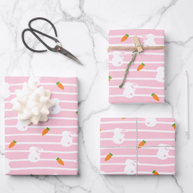 Cute Pink Rabbit and Carrot Pattern Wrapping Paper Sheet (Front)
