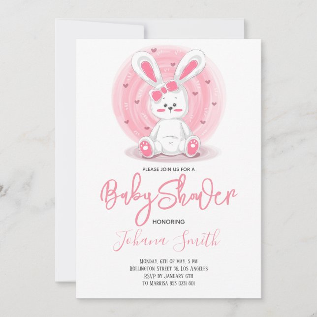 Cute Pink Rabbit Baby Shower Invitation (Front)