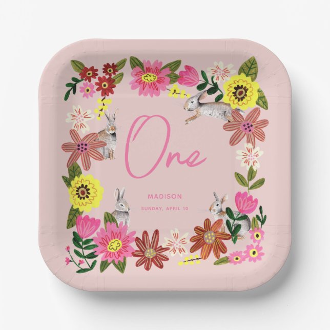 Cute Pink Rabbit Bunny Girl Birthday Party Paper Plate (Front)