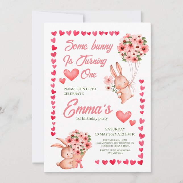 Cute pink rabbit Gilr 1st Birthday Party  Invitation (Front)
