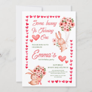 Cute pink rabbit Gilr 1st Birthday Party  Invitation