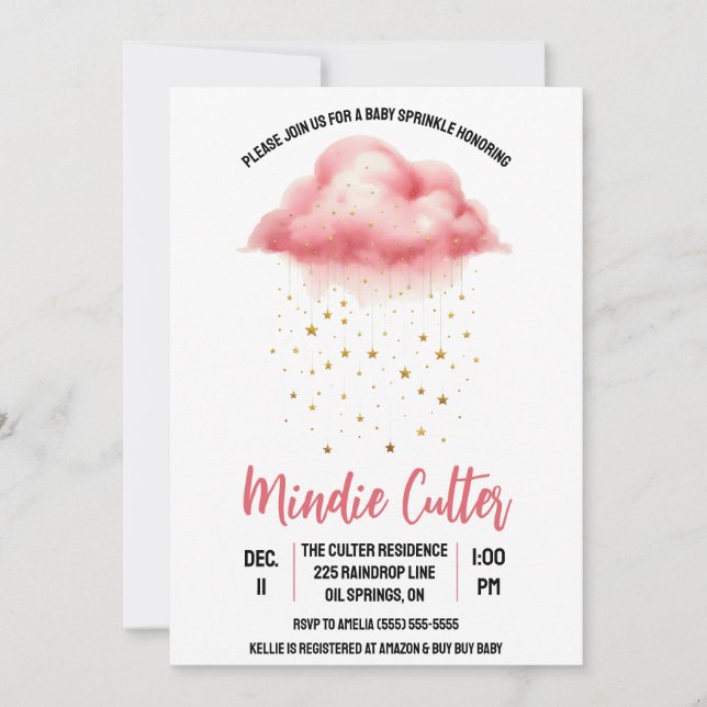Cute Pink Rain Cloud with Gold Stars Baby Sprinkle Invitation (Front)