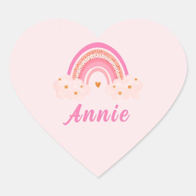 Cute Pink Rainbow | Baby Girl | Personalised Name Heart Sticker (Front)