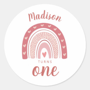 Cute Pink Rainbow Boho First Birthday Classic Round Sticker