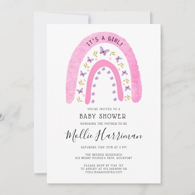 Cute Pink Rainbow Butterfly Boho Baby Shower Invitation (Front)