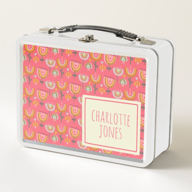 Cute Pink Rainbow Flowers Personalised Name  Metal Lunch Box (Front)