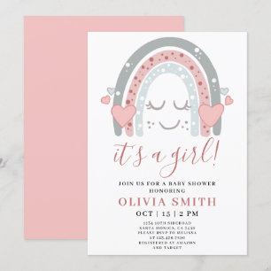 Cute Pink Rainbow Its a Girl Baby Shower Invitation