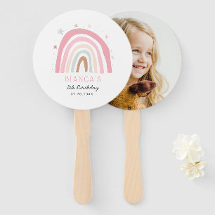 Cute Pink Rainbow Kids Birthday Party Photo Hand Fan
