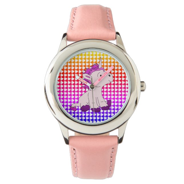 Cute Pink Rainbow Little Unicorn Heart Pattern Watch (Front)
