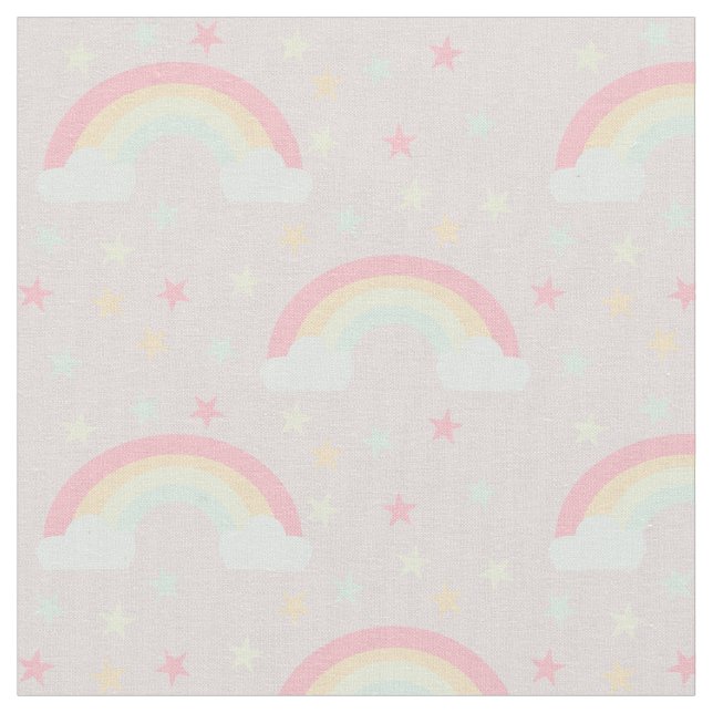 Cute Pink Rainbow & Stars Cloud Soft Pastel Colour Fabric (Close Up)
