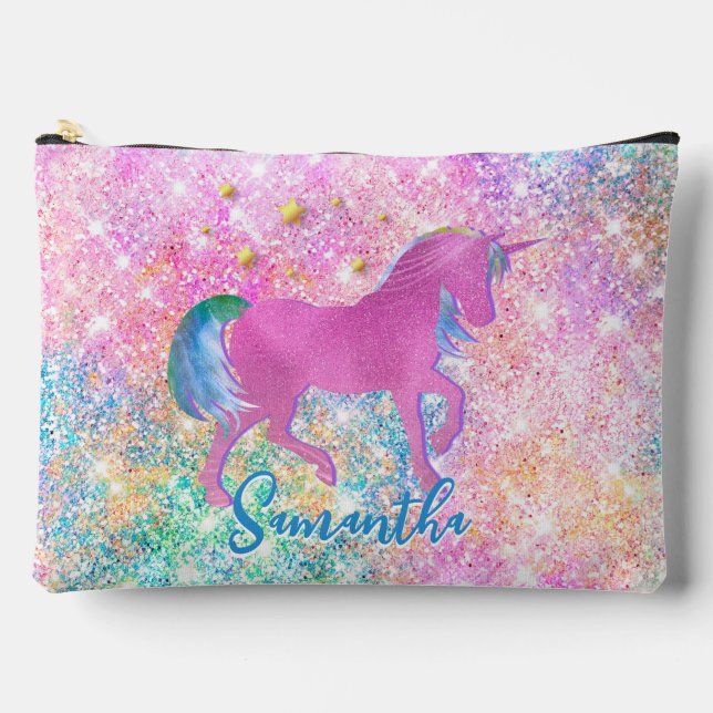 Cute Pink Rainbow unicorn Glitter  Accessory Pouch (Front)