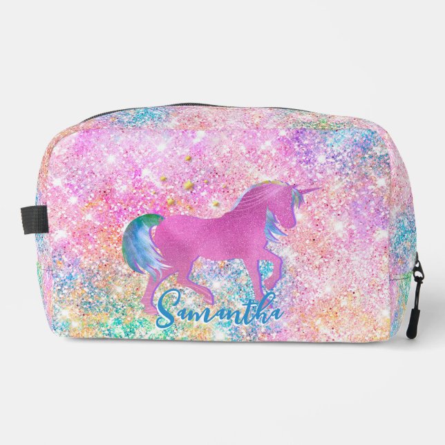 Cute Pink Rainbow unicorn Glitter  Dopp Kit (Front)