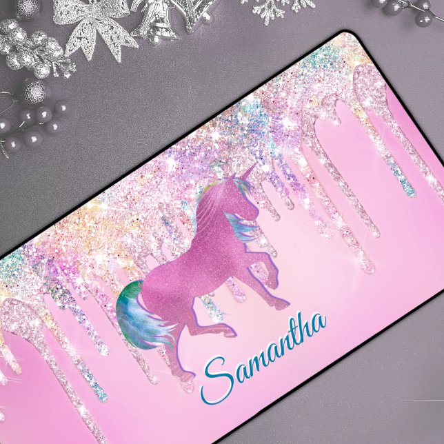 Cute Pink Rainbow unicorn Glitter Drips monogram Desk Mat (Creator Uploaded)