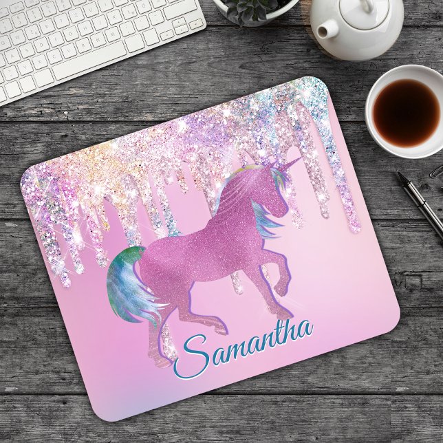 Cute Pink Rainbow unicorn Glitter Drips monogram Mouse Mat (Creator Uploaded)