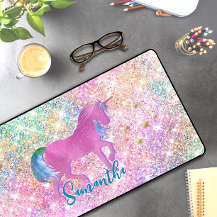 Cute Pink Rainbow unicorn Glitter monogram Desk Mat
