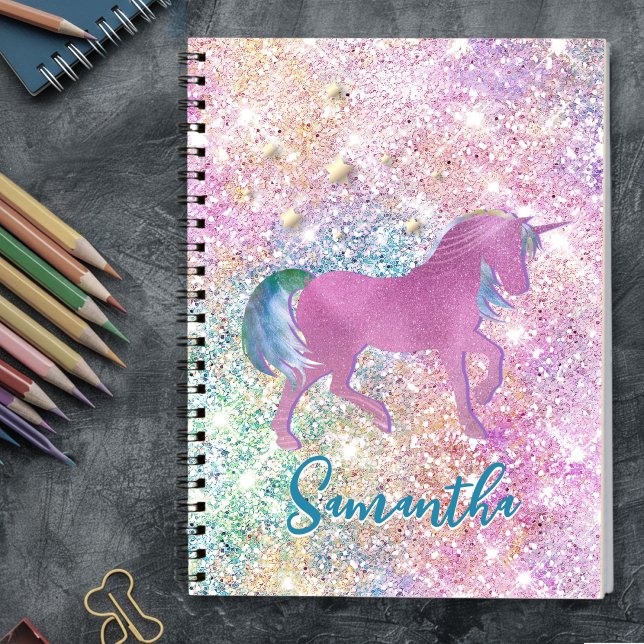 Cute Pink Rainbow unicorn Glitter monogram Notebook (Creator Uploaded)