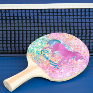 Cute Pink Rainbow unicorn Glitter monogram Ping Pong Paddle