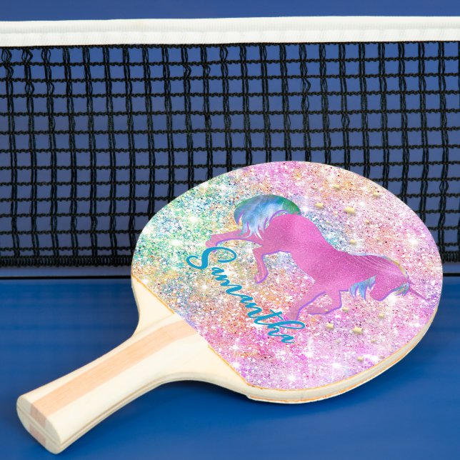 Cute Pink Rainbow unicorn Glitter monogram Ping Pong Paddle (Insitu)