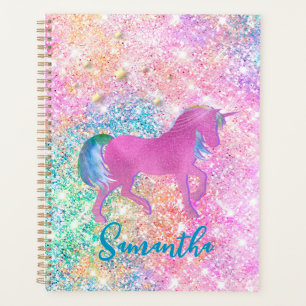 Cute Pink Rainbow unicorn Glitter monogram Planner