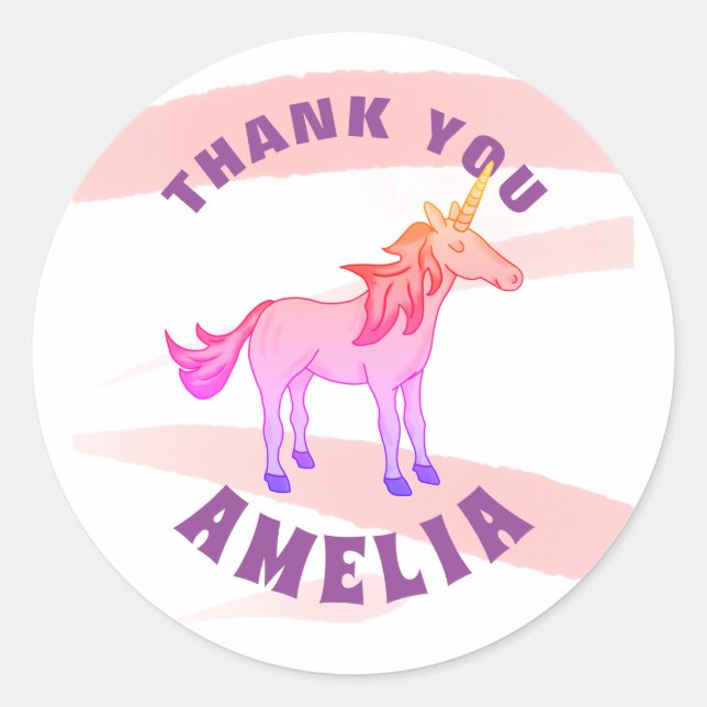 Cute Pink Rainbow Unicorn Thank You  Classic Round Sticker (Front)