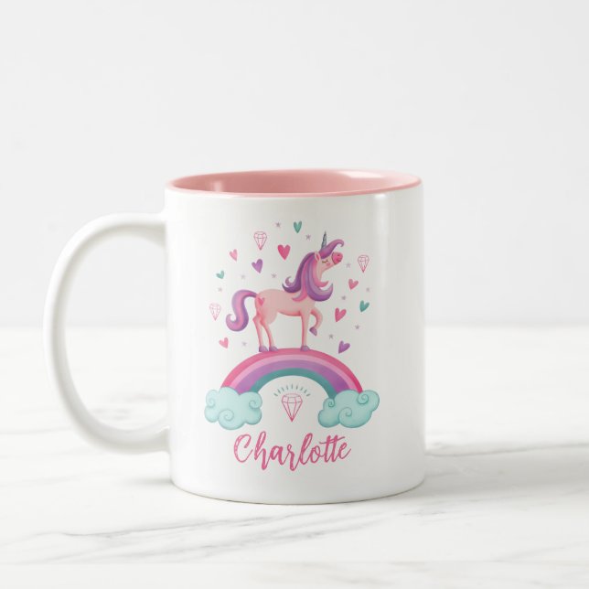 Cute Pink Rainbow Unicorn Two-Tone Coffee Mug (Left)