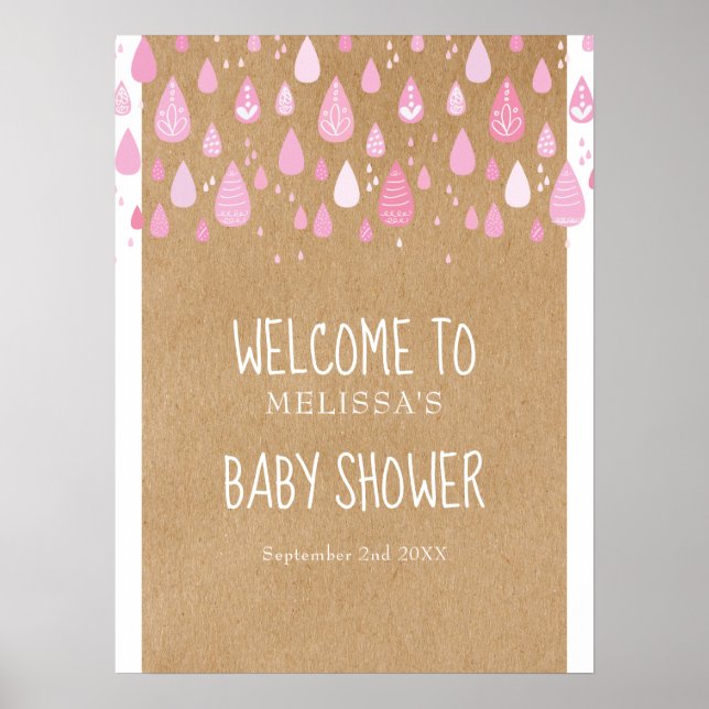 Cute Pink Raindrops Baby Girl Shower Welcome Sign (Front)