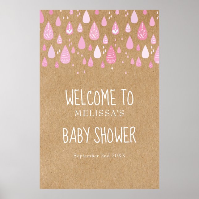 Cute Pink Raindrops Baby Girl Shower Welcome Sign (Front)
