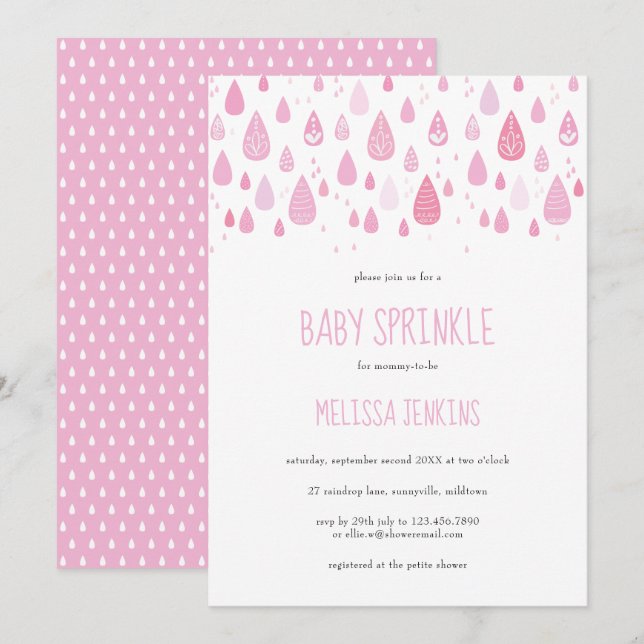 Cute Pink Raindrops Baby Sprinkle / Shower Invitation (Front/Back)