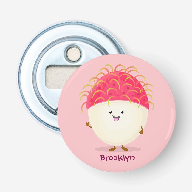 Cute pink rambutan cartoon illustration bottle opener (Front)