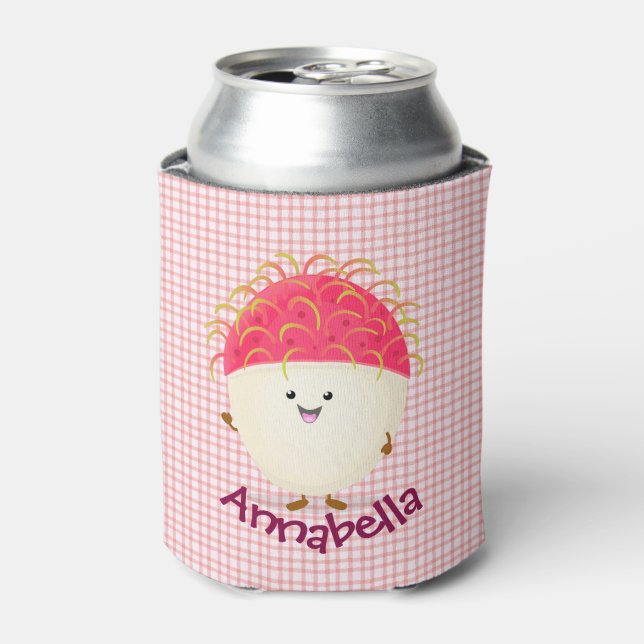 Cute pink rambutan cartoon illustration can cooler (Can Front)