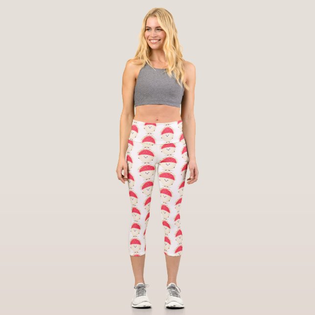 Cute pink rambutan cartoon illustration capri leggings (Front)