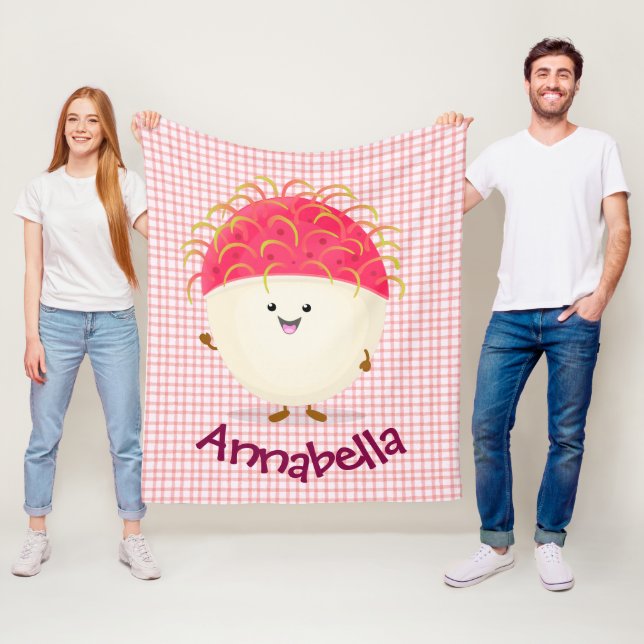 Cute pink rambutan cartoon illustration fleece blanket (In Situ)