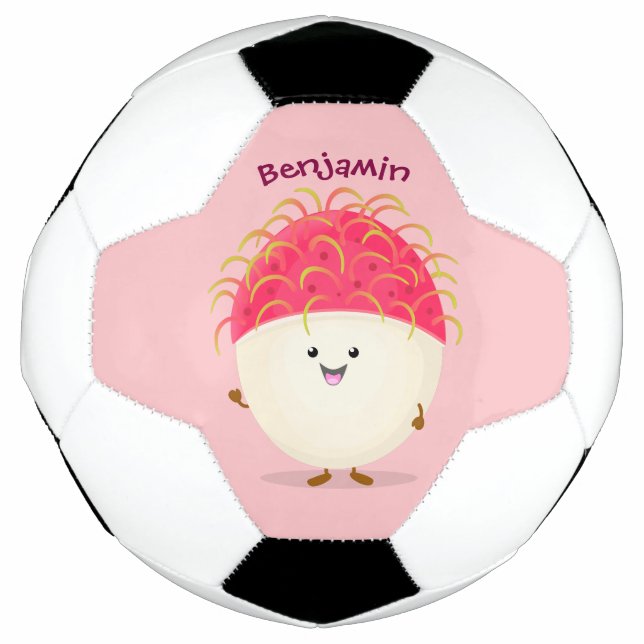 Cute pink rambutan cartoon illustration football (Front)
