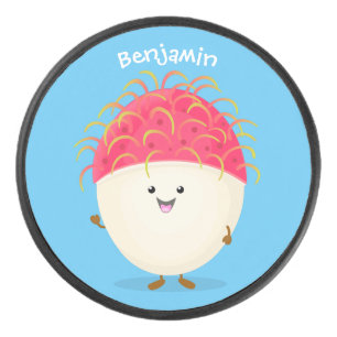 Cute pink rambutan cartoon illustration hockey puck