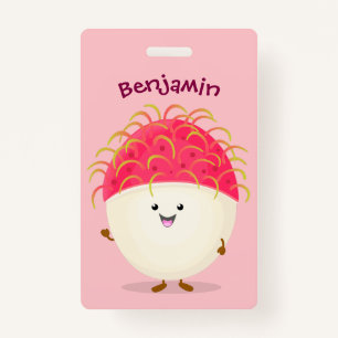 Cute pink rambutan cartoon illustration ID badge