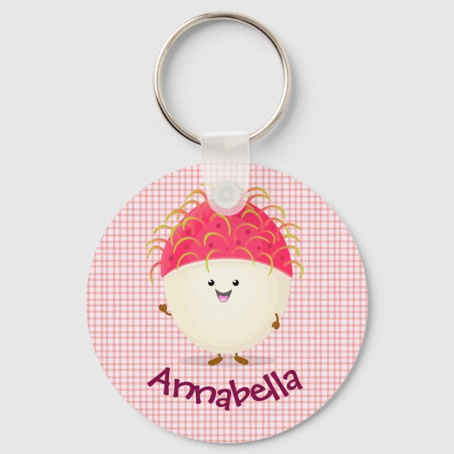 Cute pink rambutan cartoon illustration key ring (Front)
