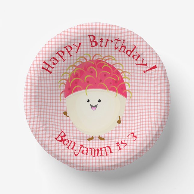 Cute pink rambutan cartoon illustration paper plate (Front)