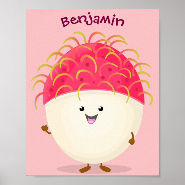 Cute pink rambutan cartoon illustration poster (Front)