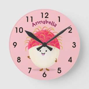 Cute pink rambutan cartoon illustration round clock