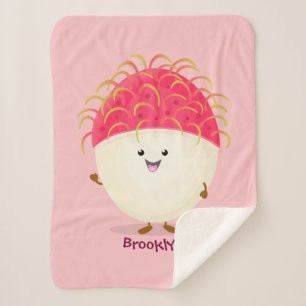 Cute pink rambutan cartoon illustration sherpa blanket