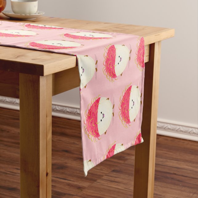 Cute pink rambutan cartoon illustration short table runner (In Situ)