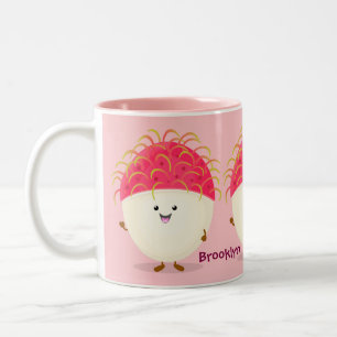 Cute pink rambutan cartoon illustration Two-Tone coffee mug