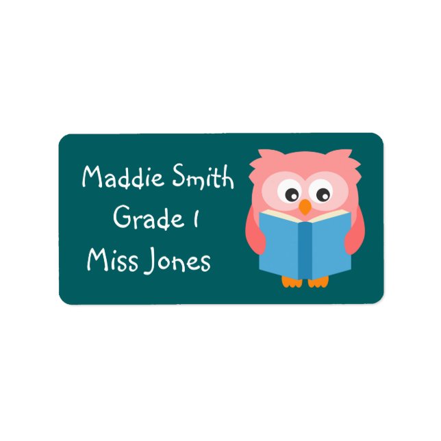 Cute pink reading owl kids book label (Front)