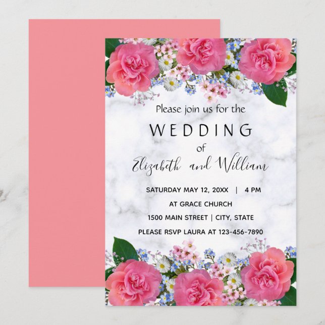 Cute Pink Real Flowers Wedding  Invitation (Front/Back)