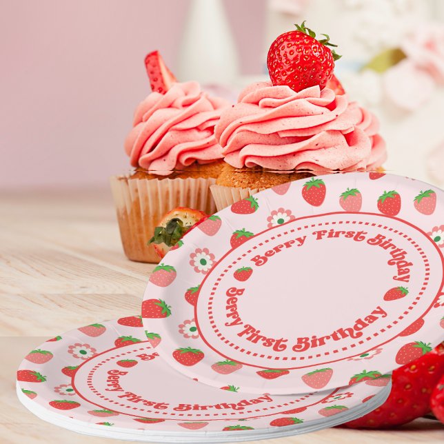 Cute Pink Red Berry First Birthday Paper Plate (Creator Uploaded)