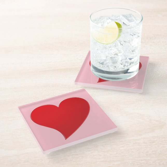 Cute pink red big heart modern girly Valentine’s Glass Coaster (Angled)