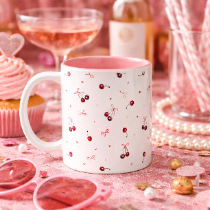Cute Pink Red Bows Cherries Hearts  Two-Tone Coffee Mug