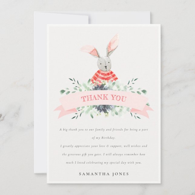 Cute Pink Red Bunny Foliage Any Age Birthday Thank You Card (Front)