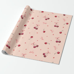 Cute Pink Red Cherries Hearts Bows Soft Orange Wrapping Paper