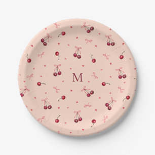 Cute Pink Red Cherries Hearts Bows with Monogram Paper Plate
